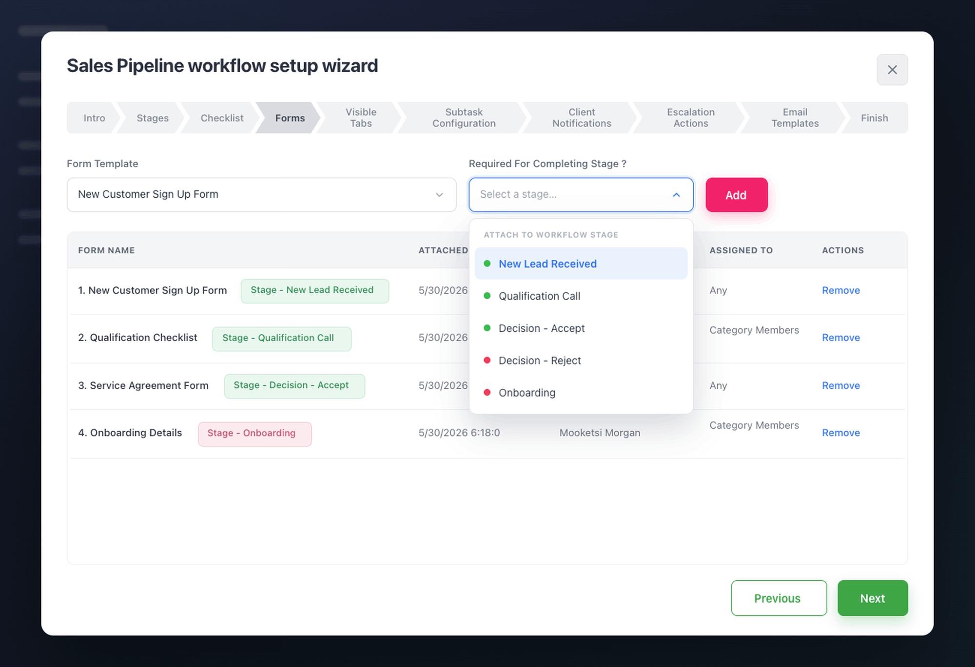 Forms attached to workflow stages in HotKup